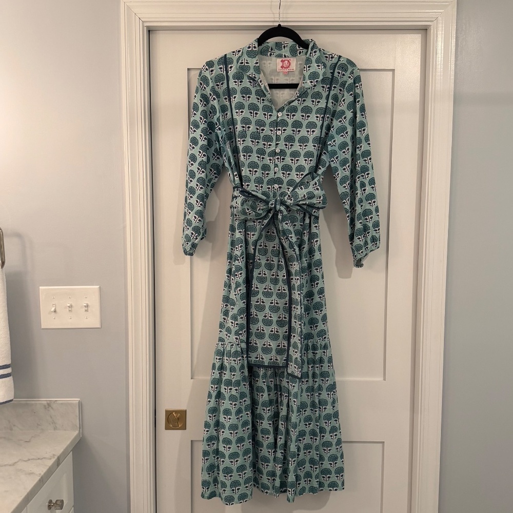 Victoria Dunn Shirtdress in Turquoise Block Print with Tie Belt, XS/M